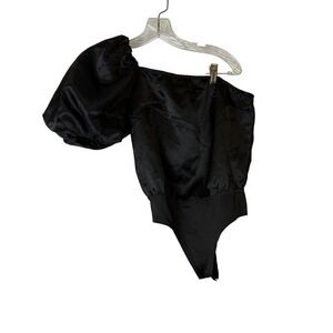 NWT Pretty Little Thing Black‎ Satin One Shoulder Thong Body Suit Sz 2 READ